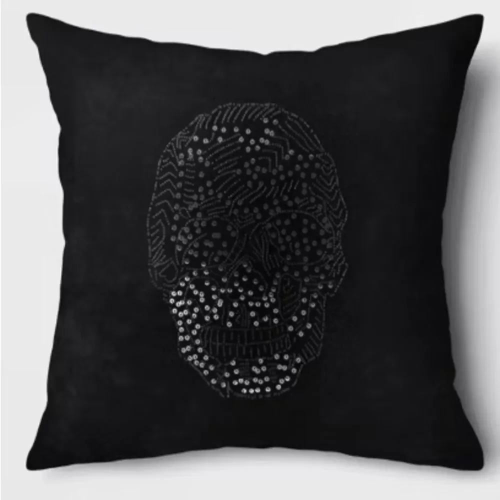 Threshold Black Velvet Decorative Pillow Sequin Beaded Skull Halloween Decor 18”